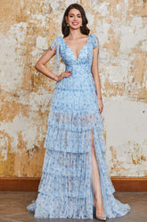 Prinzessin A Linie V-Ausschnitt Blaues langes Ballkleid mit Rüschen und schlitz